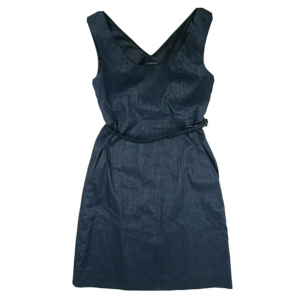Theory Navy Blue Linen Cotton Belted Striped Dress